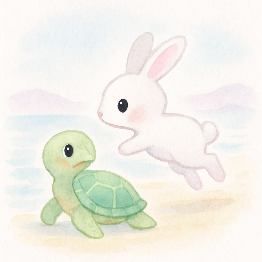 육지로 돌아온 토끼가 뛰어내려 달아나는 장면